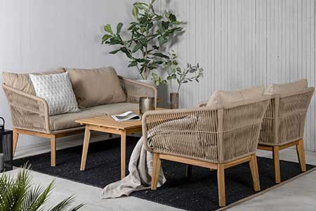 SALON DE JARDIN FAUTEUIL ET CANAPÉ BEIGE ET BOIS